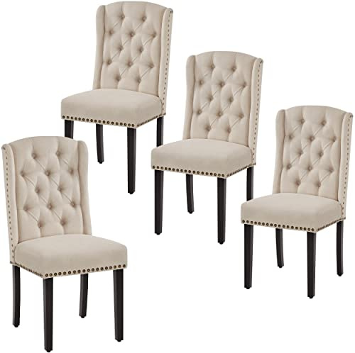 Yaheetech Classic Dining Room Chairs Set of 4 with Wooden Legs, Beige | Button Tufted Kitchen Chairs with High Back & Thick Seat Cushion, Upholstered Dining Room Chairs for Dining Room Home