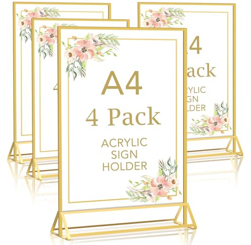 DMSELL 4 Pack A4 Acrylic Sign Holder with Gold Border, A4 Display Stand for Table Menu, Gold Menu Holders for Wedding, Restaurant Signs(Double Sided)