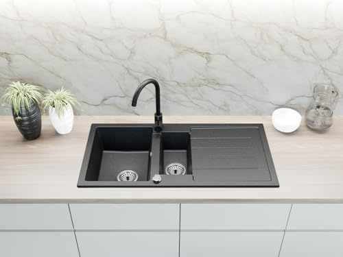 Faizee Möbel | Granitspüle 100x50 cm Schwarz | Eckige Küchenspüle & Einbauspüle | Beidseitig montierbares Spülbecken Granit | Spüle Küche für Unterschränke ab 45 cm | Inkl. Siphon-Set