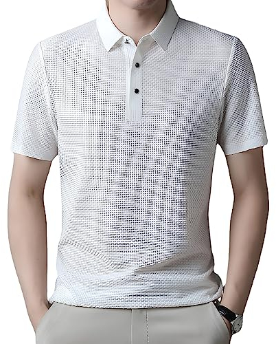 VUIOYRG Mesh Ice Silk T-Shirt à Manches Courtes, Polo en Soie glacée pour Homme T-Shirt rafraîchissant d'été à Manches Courtes (Blanc,XL)