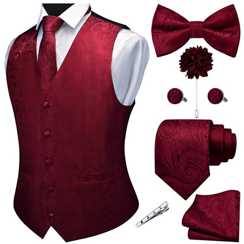 GUSLESON Burgundy Vest Paisley Suit Vest Tie and Bow Tie Set Silk Floral Waistcoat Necktie and Pocket Square Lapel Pin Set (0808-09-L)