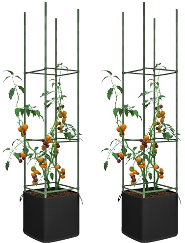 Outsunny 2er-Set Rankhilfe, Rankgitter mit Anzuchtbeutel, Blumengitter, Spalier, Pflanzengerüst, Tomatenkäfig für Kletterpflanzen, Stahl, Grün, 33 x 33 x 180 cm