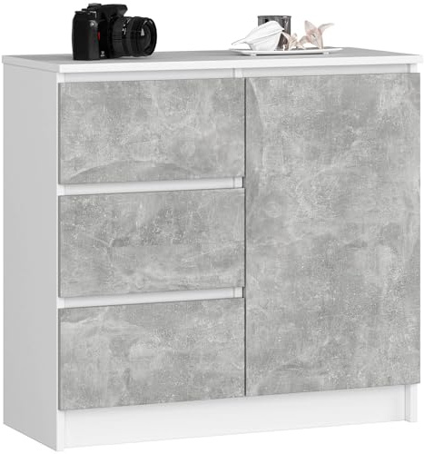 AKORD | Cassettiera K-80 JERRY con 3 Cassetti | Armadio Cameretta con 2 Ripiani e 1 Anta | Moderna Mobiletto per Soggiorno | Moderno | 80x77x35 cm | Bianco + Frontale Cemento
