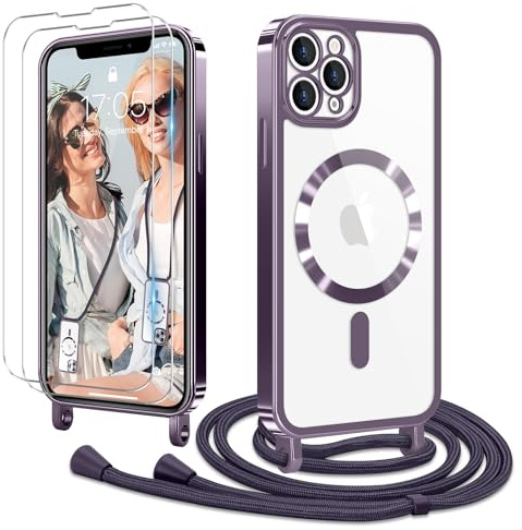 Ethanger Handyband für iPhone 11 Pro Hülle mit Band + 2 Stück Glas Schutzfolie Transparent Silikon Handyhülle Magnetische Schutzhülle Case zum Kordel Abnehmbar für iPhone 11 Pro Lila