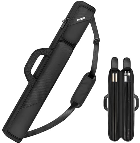 PEKREWS Pool-Queue-Koffer 2 x 2, Pool-Stick-Tasche für 2 Stöcke mit 2 Zubehörtaschen mit Reißverschluss, stabile Polyester-Poolqueue-Tragetasche mit Schultergurt, weicher Billardqueue-Rucksack für