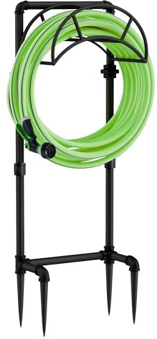 LAND·VOI Schlauchhalter, Gartenschlauchhalter, freistehend, Metall, strapazierfähig, hält 45 m Schlauch, abnehmbarer Schlauchaufbewahrungshalter für draußen mit 4 Spikes, für Rasen, Hof, Schwarz