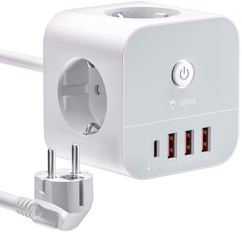 VEFVE Grenuttag Kub med 1,5m Kabel, 7-i-1 Förgreningsdosa med USB C (20W PD Snabbladdning), 3 Jordade Uttag (3680W) & 4 USB, Grenuttag med Strömbrytare, Vit
