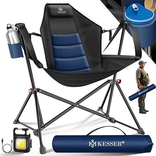KESSER® Campingstuhl faltbar Schaukelstuhl bis 160 kg | Angelstuhl Faltstuhl Klappstuhl Gepolstert | Campinglicht und Getränkehalter + Tasche mit hoher Rückenlehne | Strandstuhl mit Wippfunktion
