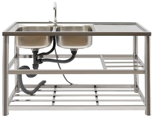 Mobile Spüle Edelstahl Küchenspüle 2 Becken, Küche-Spüle mit Arbeitstisch, 120x45x80 cm Spüle Freistehend mit kalten und heißen Wasserhahn, Ablassvorrichtung, für Außen, Innen