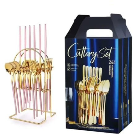 MYDESIDY Ensemble de Vaisselle en Acier Inoxydable 24 pièces avec Support de Rangement Coffret Cadeau de Vaisselle Couteau à Steak ménager Cuillère