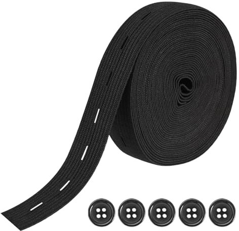 TENGEE Gummiband Nähen,2m Gummiband Nähen,Gummiband zum Nähen, Flaches Nähband mit Knopfösen Elastisches,Schwarz Gummiband Breit Hosengummi,mit 5 Kunstharzknöpfen,für Kleidung,Perücke.Gürtel