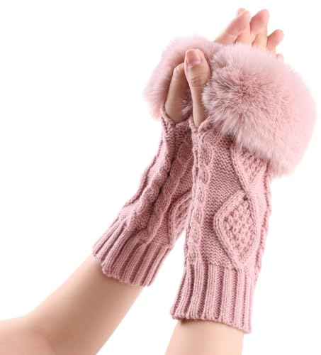 XIAOHAWANG Winter Arm Warmers Women Knit Wrist Warmers with Thumb Hole Faux Fur Fingerless Gloves (Pink)
