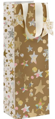 Glick Large Bottle Gift Bag, Golden Stars, 125 x 360 x 120 mm, Luxury Recyclable Bag for Birthdays & Celebrations