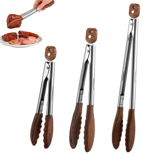 Honeydak 3 Pcs Wooden Tongs for Cooking 7 9 12 Wood Tip Serving Tongs with Locking for BBQ Salad Cooking and Grilling, Includes Anti-slip Handle with Hanging Hole
