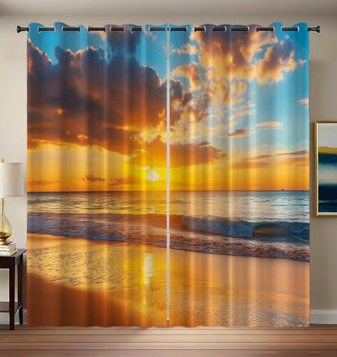 CEDNXOER Verdunklungsvorhänge 2er Set - H 175 x B 140 cm Thermovorhang Hitzeschutz, Wunderschöner Sonnenuntergang Vorhang Blickdicht mit Ösen, Strand Lärmschutzvorhang, Orange Gardinen Jugendzimmer