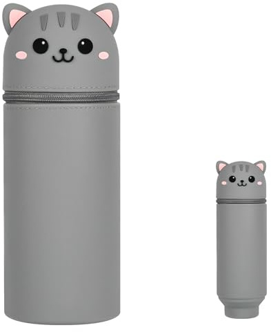 AUYAO 2-in-1 Silikon Federmäppchen Kawaii Federtasche aus Weichem Silikon Schulmäppchen für Mädchen Junge Kind Mäppchen Tiere Stifthalter Einziehbares Federmappe Federmäppchen mit Reißverschluss-Katze