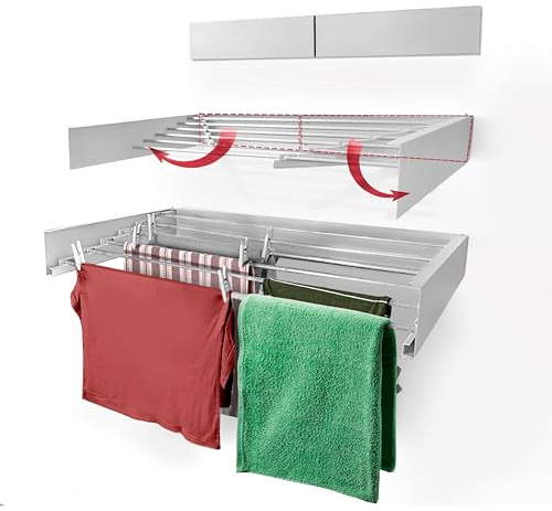 HYK Wall Mounted Clothes Airer - Foldable Clothes Drying Rack - 35kg Capacity - Indoor & Outdoor Use Easy to Install - Retractable Drying Rack for Laundry, Bedroom, Garden (WHITE, 70 CM)