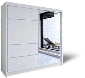 ELUKS - DELIN Sliding Doors Wardrobe with Mirror Furniture for Bedroom Living Room and Hall Wardrobe Organizer Width 100cm/120cm/150cm/180cm/200cm/WHITE/BLACK/OAK (White, 180cm)
