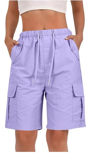 RLEHJN Cargo Shorts Women UK Clearance, Ladies Bermuda Shorts Baggy Short Cargo Pants with Multiple Pockets Summer Drawstring Elasticated Waist Half Pants for Outdoor Hiking Work Travel Golf Purple