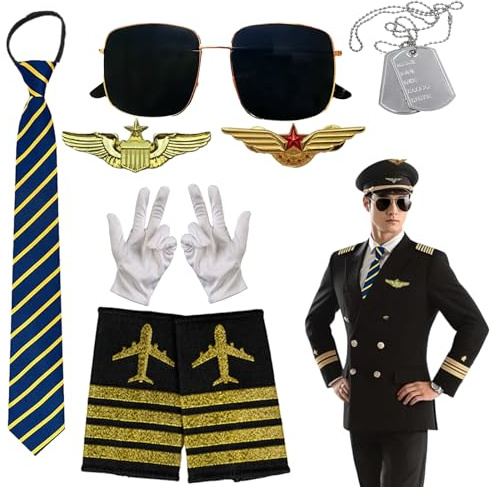 9 Stück Pilotenmütze Herren Zubehör Pilot Hat Accessoires mit Pilotenbrille Krawatte Schulterklappen Abzeichen Brosche Halskette Handschuhe für Erwachsene Männer Fasching Karneval Party Cosplay