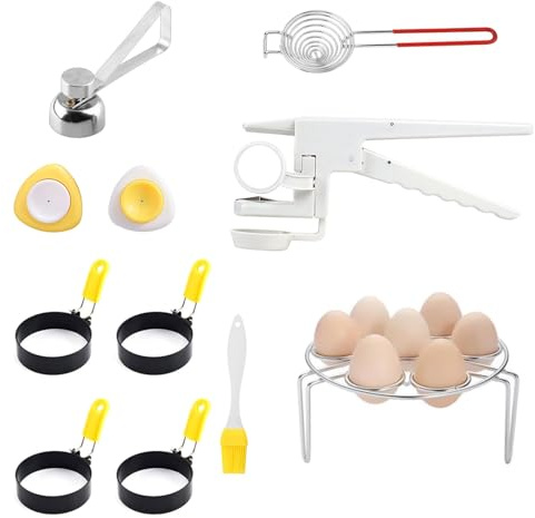 11 Pcs egg peeler tools for hard boiled eggs and Frying Eggs, Cooked eggs and a shell remover kit with 4 Egg Rings, 2 Egg Piercers, 1 Egg Cracker, 1 Egg Cutter, 1 Egg Separator, 1 Egg Steaming Rack.