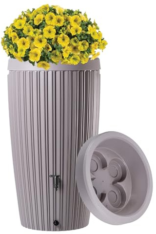 Regentonne 240L mit Deckel & Auslaufhahn – Design Regenwassertonne, Wasserfass für Garten & Terrasse – Farbe Grau-Beige – UV-beständig & frostfest (Grau-beige)
