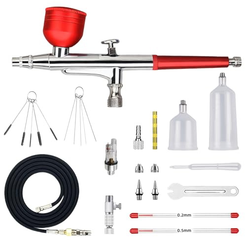 GBKDQQ Airbrush Set, Airbrushpistole Kit, Mehrzweck Tragba Air Brush Kit mit 0,2mm 0,5mm Düsen, Becher, Geflochtenem Luftschlauch und Reinigungsset, Perfekt für Modellbau, Nailart, DIY