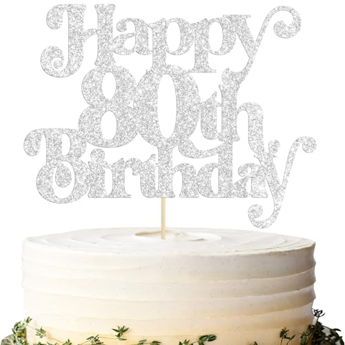 Gyufise 1Pc Happy 80th Birthday Cake Topper Glitter Happy Birthday Cake Pick Cheers to 80 Years for 80th Anniversary Wedding Party Cupcake Decorations Supplies Silver