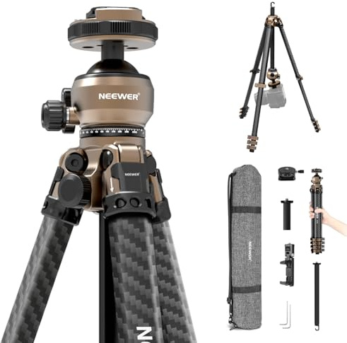 NEEWER LITETRIP Carbon Fiber Travel Tripod with Pan Tilt Low Profile Ball Head,62.4 DSLR Camera Phone Holder Stand Compatible with PD V3 Plates iPhone, 2 Center Columns,Max Load 22 lb, LT39