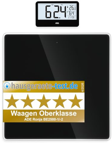 ADE Digitale Personenwaage Ronja mit Funk-Display bis 180 kg | ohne Bücken auf Augenhöhe ablesen | ideale Körperwaage für Senioren | mit Baduhr, Hygrometer, Innenthermometer | schwarz