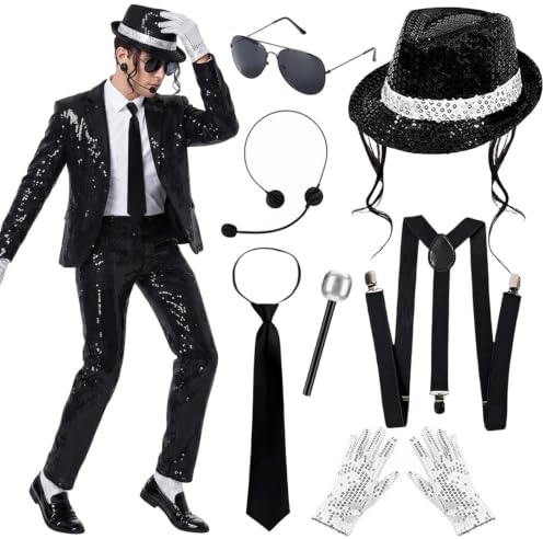 Accessoires de Pop costume pour adultes, déguisement King of Pop avec chapeau bretelle microphone cravate lunettes, accessoires disco Pop Star déguisement halloween carnaval cosplay
