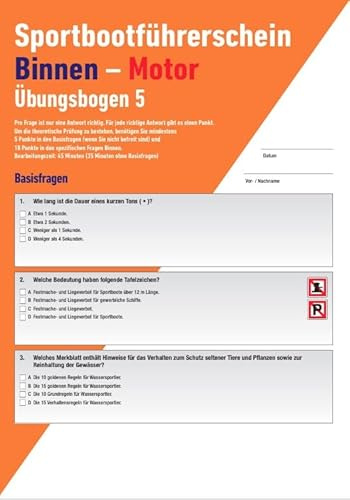 Übungsbogen Sportbootführerschein Binnen - Motor: 15 Frage- und Antwortbogen. Zur Vorbereitung auf die Prüfung Item Cover May Vary