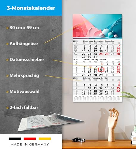 3-Monatskalender 2026 Wandplaner Dreimonatskalender 30 x 59 cm mit Schieber mehrsprachig d/fr./engl (Pastellfarben)