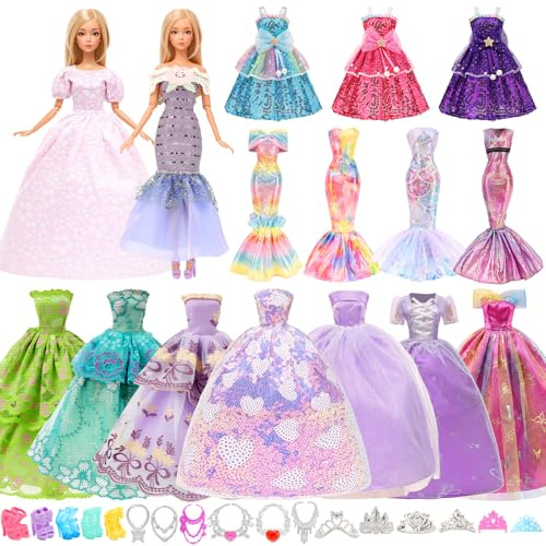 Miunana 5 Pcs Moda Premium Fatto a Mano Morbido Abiti Vestiti + 5 PCS Scarpe + 6 Corone + 6 Collane Per La Festa Per 11.5 Pollici / 28 - 30 CM Bambola Per Regalo