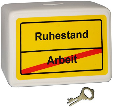 alles-meine.de GmbH große Spardose - Ortsschild - Ruhestand/Arbeit - mit Schlüssel und Schloss - stabile Sparbüchse aus Porzellan/Keramik - Sparschwein - Rente/Rentenbe..