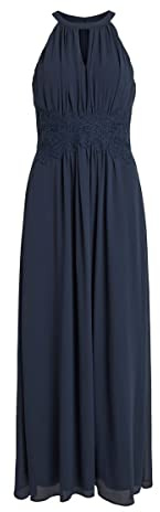 VILA CLOTHES Damen Neckholder Kleid VIMILINA HALTERNECK DRESS - NOOS 14052647, Maxi, Einfarbig, Gr. 38, Blau (Total Eclipse)