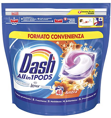 Dash All in 1 Pods Detersivo Lavatrice in Capsule, 48 Lavaggi, Profumo d'Ambra, Maxi Formato, Rimuove le Macchie, per Tutti i Capi