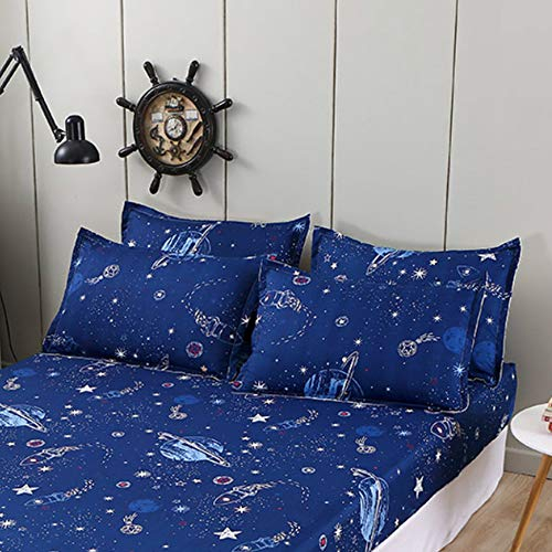 Chickwino 100% Polyester Spannbetttuch, Kind Cartoons Drucken Spannbetttuch Boxspringbett, Weiche Spannbettlaken Matratzenschoner für Bettw Sche, Steghöhe bis 30cm (Blauer Raum,2-Kissenbezug)