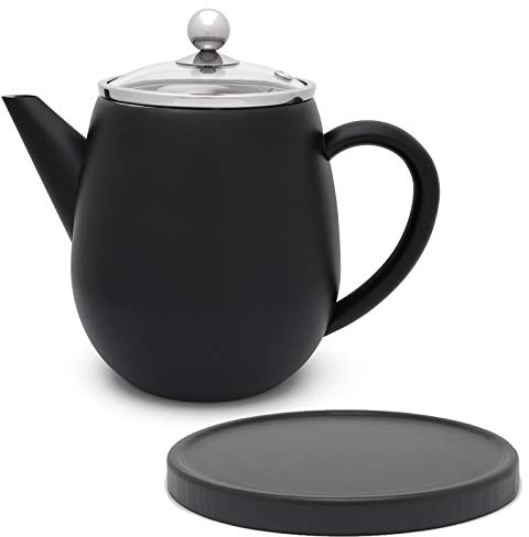 Bredemeijer kleine schwarze doppelwandige Edelstahl Teekanne 1.1 Liter & Teebereiter mit Tee-Filter Sieb-Einsatz & schwarzem Holz Untersetzer
