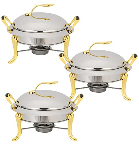 3L Chafing Dish Set, Full Size Stainless Steel Round Buffet Server with Pans, Lid and Fuel Holders, for Catering Party Wedding Dinner Food Warmer (2/3/4/6 Pack),Gold,3 Pack