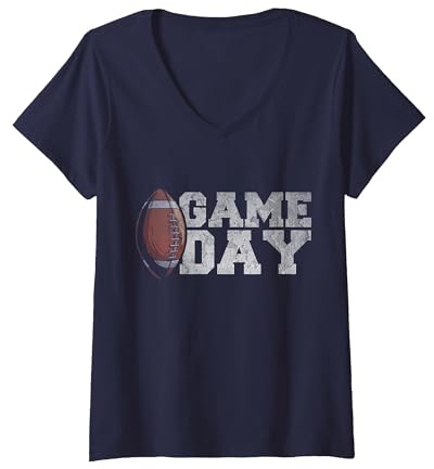 Women's Vintage American Football Game Day V-Neck T-Shirt, Navy Blue, X-Large