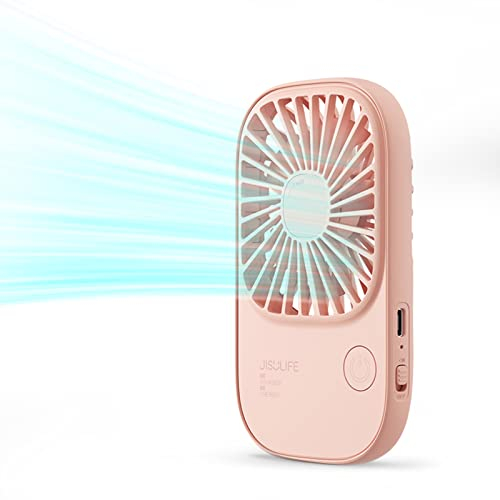 JISULIFE Handventilator Mini Ventilator, Kleiner Tragbarer mit Halterung, Wiederaufladbarer USB Wimpernventilator mit 3 Geschwindigkeiten, Make up Ventilator für Das Büro im Freien Rosa
