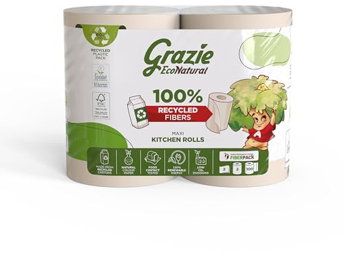 Grazie Natural, Asciugatutto 24 Rotoli, Bobina di Carta Assorbente Realizzata con Carta 100% Riciclata Fiberpack, Certificata Ecolabel e FSC Recycled, Made in Italy