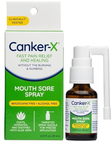 Canker-X Mouth Sore Spray, Oral Pain Relief from Canker Sores, Burns & More, No Burning & Numbing, Benzocaine-Free & Alcohol-Free Mouth Ulcer Treatment, Targeted Spray Nozzle, 0.51 Fl. Oz.