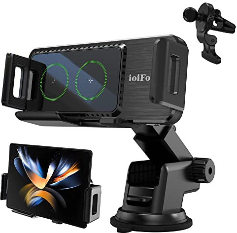 ioiFour Wireless Car Phone Charger, Car Phone Mount, Auto-Rotating Dual Coils 15W Qi Fast Charging Car Phone Holder for Samsung Galaxy Z Fold/Flip 5/4/S23, iPhone 14/13 Pro Max, Google Pixel 6 Pro (L)