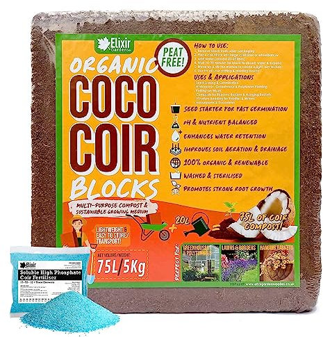 Elixir Gardens 75 Litre Plus Fertiliser x 1 Organic Coco Coir Compost Blocks/Bricks Pre-Washed Compressed| Natural Peat-Free Growing Medium/Potting Soil & Reptile Vivarium Bedding