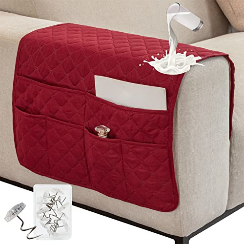SHUOJIA 1 Pezzi Copribraccioli Divano per Braccioli, Braccioli Decorativo Protezione, Copribraccioli Impermeabili Antiscivolo con 6 Tasche per Poltrona (Plaid-Crimson)