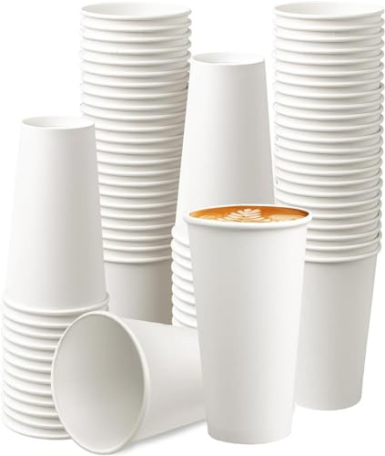 MSYU 100 Pack Large Paper Coffee Cups, 20oz / 600ml White Disposable Party Coffee Cups for Hot & Cold Drinks, Durable Paper Cups for Home, Office, Work