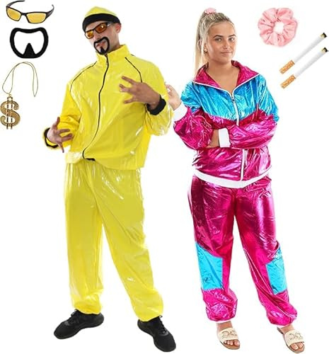 I LOVE FANCY DRESS Adults Funny 90's Rapper & Me Julie Costume Set - Yellow Tracksuit, Pink and Blue Tracksuit, Yellow Sunglasses, Goatee Beard, Gold Chain and Fake Cigarettes - Funny Couples Costume