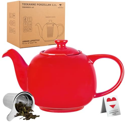 Urban Lifestyle – Tetera de porcelana 1,1 L con infusor y filtro · Tetera infusiones cerámica roja antigoteo · Tea Pot elegante estilo Swansea